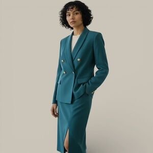 Vintage Kasper Teal Double-Breasted Blazer and Skirt Set Size 10 P Wool Women